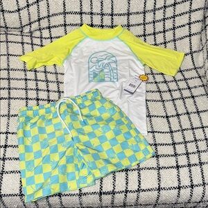 Kids Neon Yellow & Aqua Rash Guard Swim Set